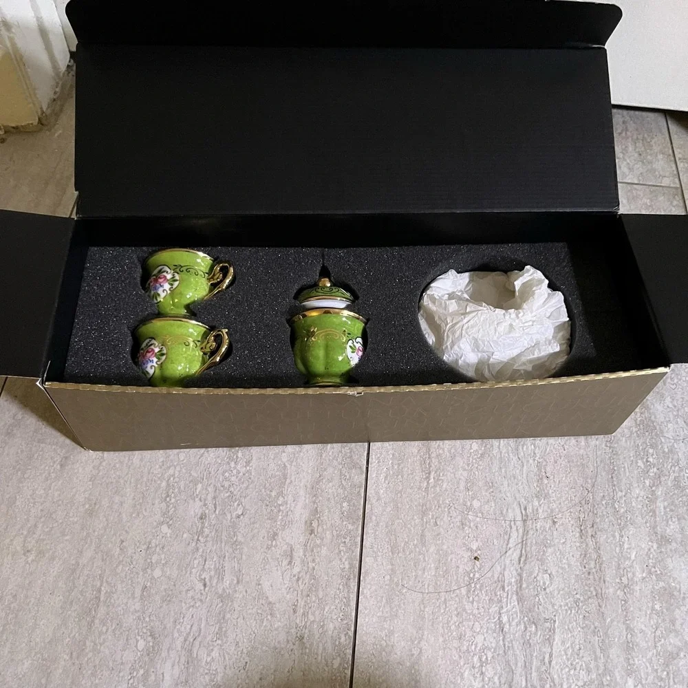 Paşabahçe Mağazaları Green Floral Espresso Cup Saucer Set Turkish Coffee Boxed